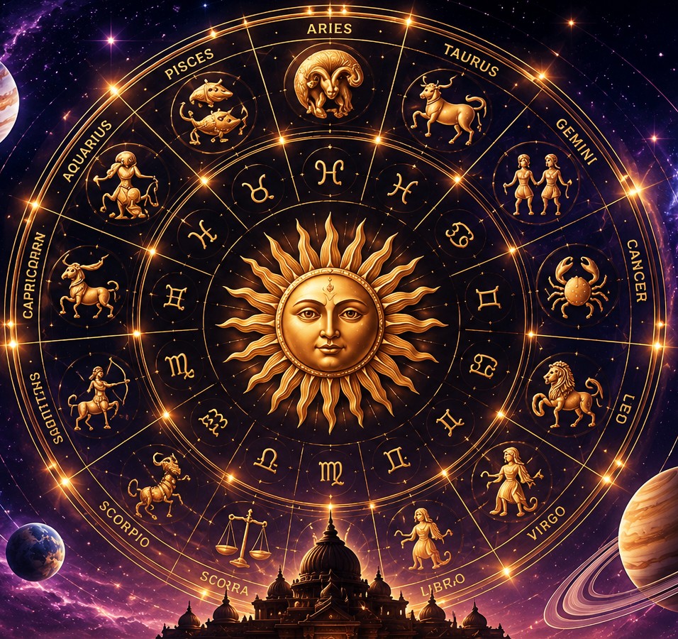 Vedic zodiac wheel with sun and twelve signs